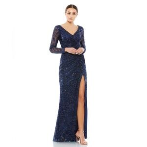 Mac Duggal 12412 NWT LONG SLEEVE RUCHED SEQUINED V-NECK GOWN